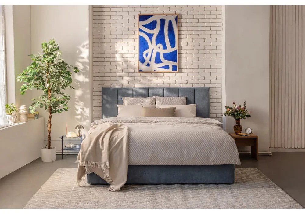 Modrá čalúnená dvojlôžková posteľ s úložným priestorom s matracom/s roštom 160x200 cm Thessa Bold Line - Bonami Selection