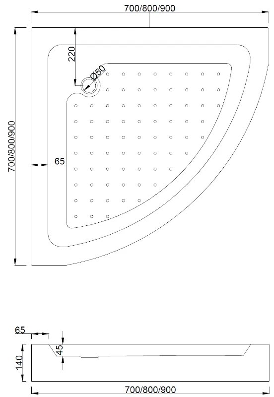 Mexen Rio, štvrťkruhový sprchovací kút s posuvnými dverami 90 x 90 cm, 6mm sklo námraza, chrómový profil + biela vysoká sprchová vanička Rio, 863-090-090-01-30-4710