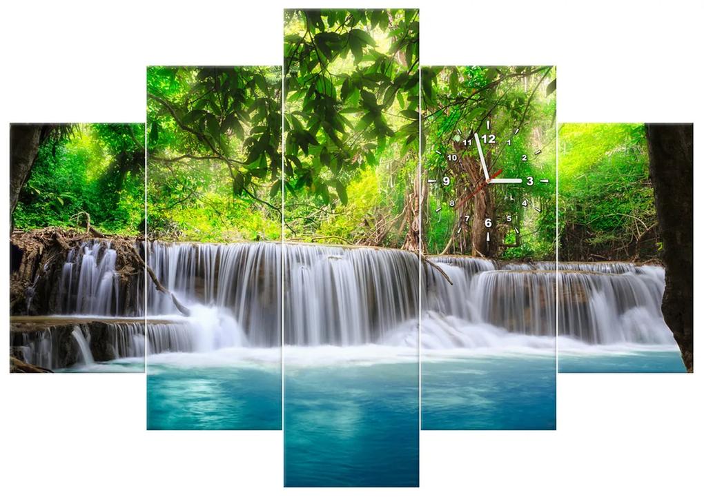 Gario Obraz s hodinami Číry vodopád v džungli - 5 dielny Rozmery: 150 x 105 cm