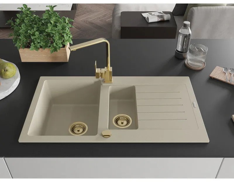 Mexen Matias, granitový drez 900x505x200 mm, 1,5-komorový a zlatá batéria Rita, béžová, 6502-69-670300-50