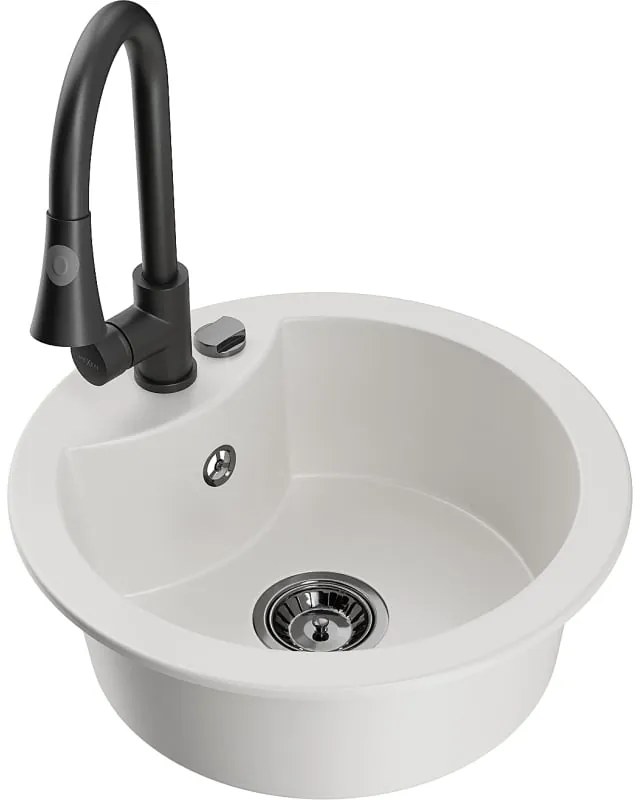 Mexen Diego, 1-komorový granitový drez 488x488x167 mm a drezová batéria Elia, biela, 6512-20-670101-70