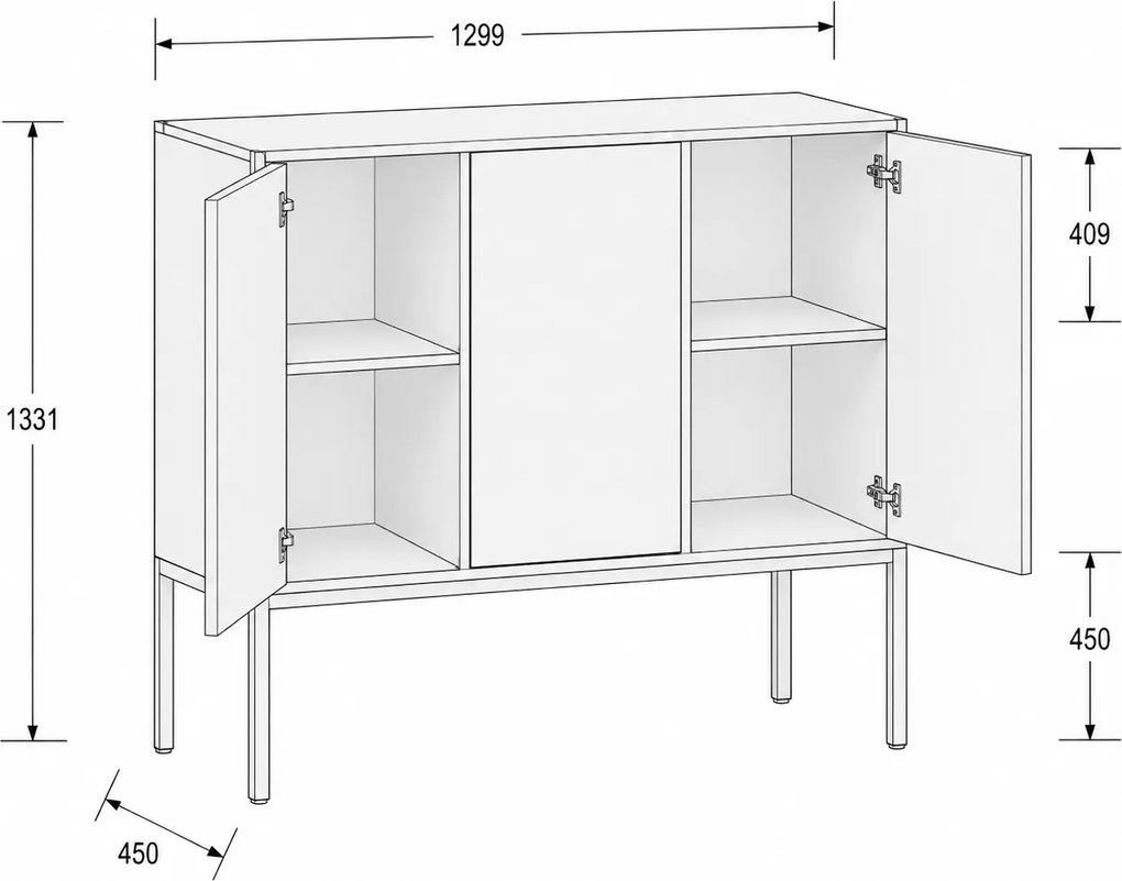 Kancelárska skriňa FRAME, nízka, čierna podnož, 3x dvere, 1299 x 450 x 1331 mm, PUSH-lock, breza