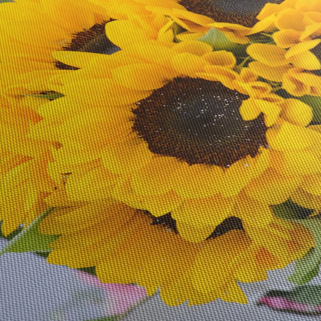 Obraz svadobnej kytice zo slnečníc (s hodinami) (90x30 cm)