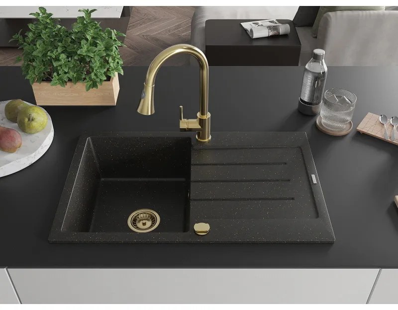 Mexen Bruno, 1-komorový granitový drez 795x495x200 mm a drezová batéria Elia, čierna-zlatá metalíza, 6513-75-670101-50