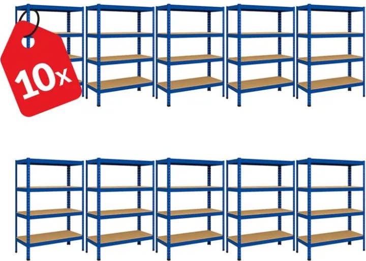Akcia 10x Regál 150x70x30 cm lakovaný 4-policový, nosnosť 700 kg - modrý