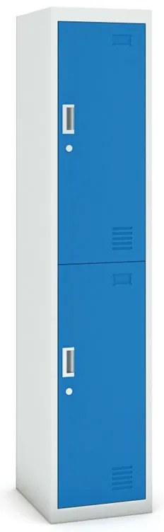 Šatníková skrinka s úložnými boxami, 2 boxy, 1800 x 380 x 450 mm, demont, cylindrický zámok, sivá/modrá