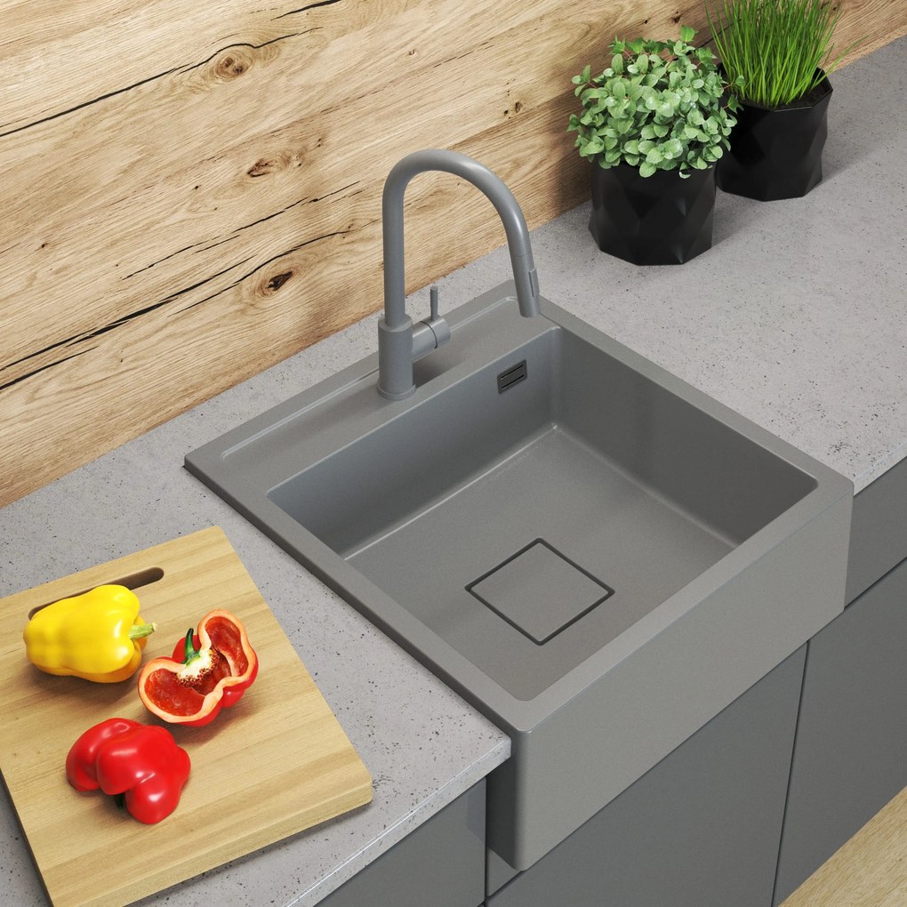 Gamma Farmerski, 1-komorový granitový drez 600x630x210 mm, šedá, GMA-ZLE000212