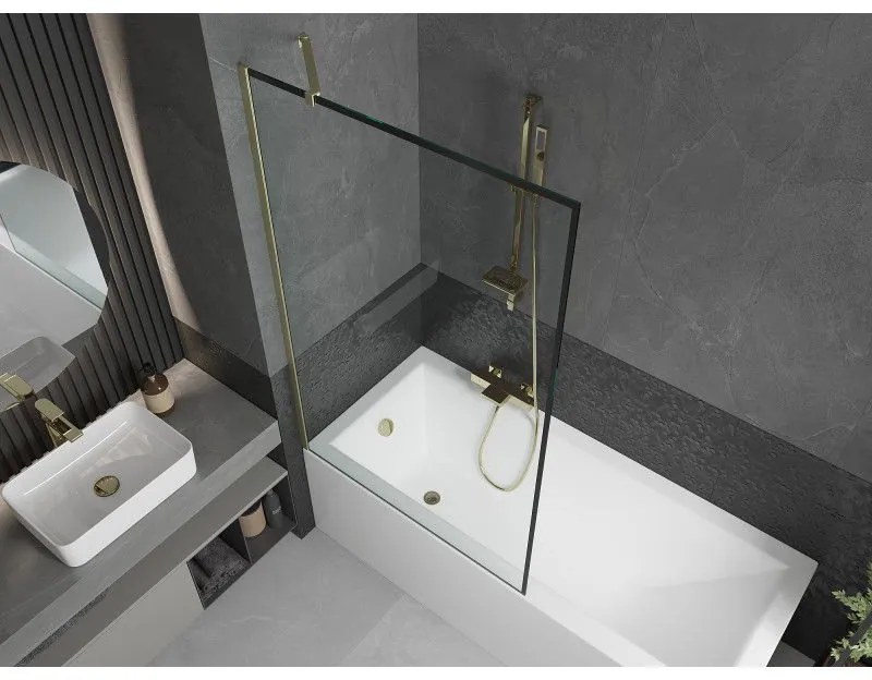 Mexen Next, 1-krídlová vaňová zástena 100 x 150 cm, 6mm číre sklo - čierny vzor, zlatá matná, 895-100-000-00-70-55