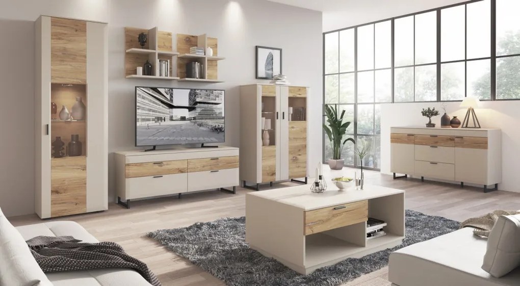 Skrinka s presklením Romy, šedá/dub