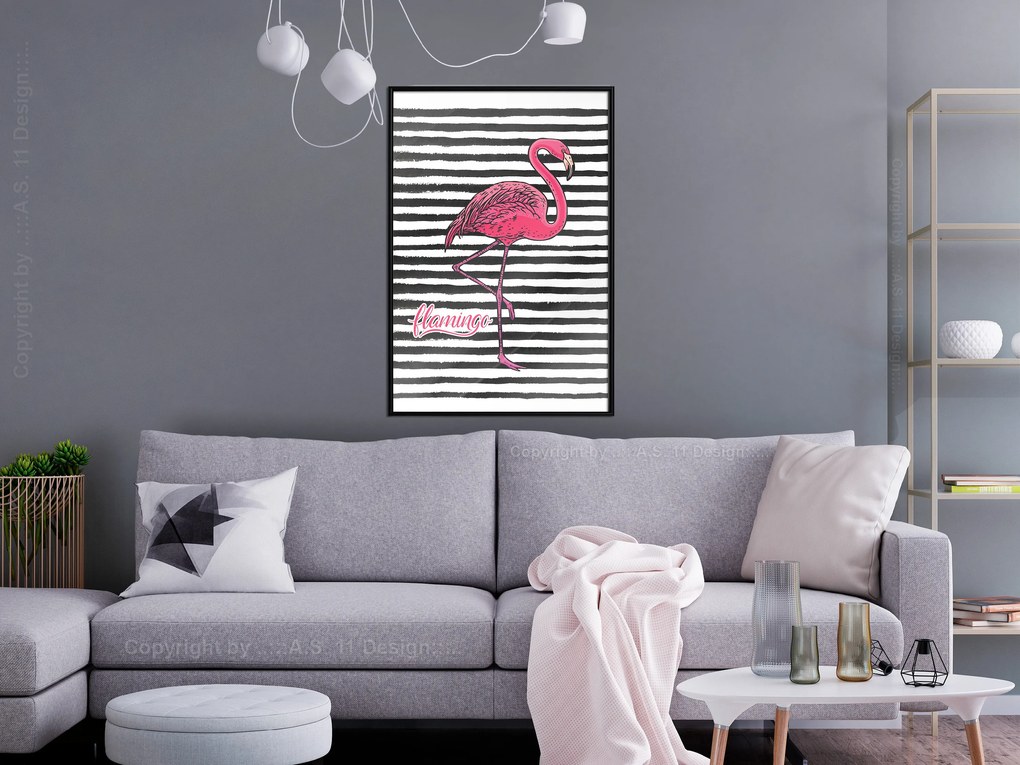 Artgeist Plagát - Black Stripes and Flamingo [Poster] Veľkosť: 30x45, Verzia: Zlatý rám s passe-partout