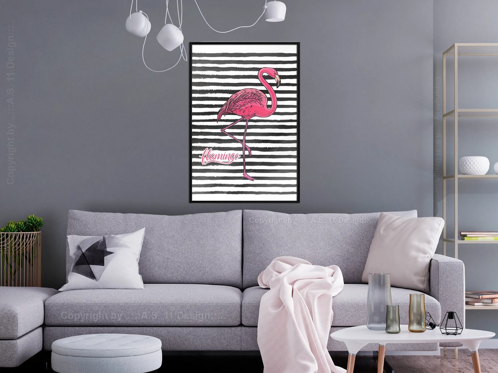 Artgeist Plagát - Black Stripes and Flamingo [Poster] Veľkosť: 40x60, Verzia: Čierny rám s passe-partout