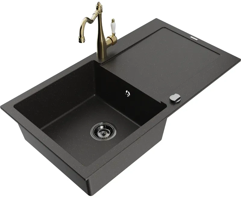 Mexen Leo, granitový drez 900x500x190 mm, 1-komorový a drezová batéria Carla, čierna-zlatá metalíza, 6501-75-670700-50-B