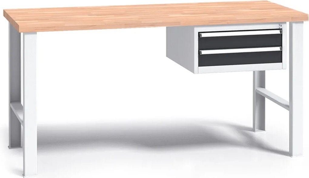 Pracovný stôl do dielne G3 so závesným boxom na náradie, buková škárovka, 2 zásuvky, pevné kovové nohy, 1500 mm, grafit