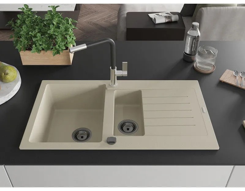 Mexen Matias, 1,5-komorový granitový drez 900x505x200 mm a drezová batéria Flora, béžová, 6502-69-670401-07-B