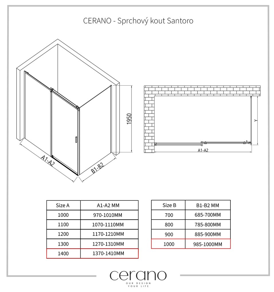 Cerano Santoro, sprchový kút s posuvnými dverami 140(dvere) x 100(stena) x 195 cm, 6mm číre sklo, čierny profil, CER-CER-431527