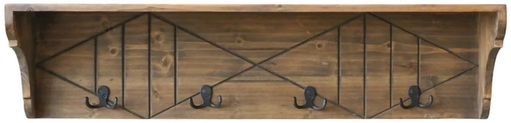 Hnedá antik drevená polička so 4 háčikmi Hooks - 91*20*23 cm
