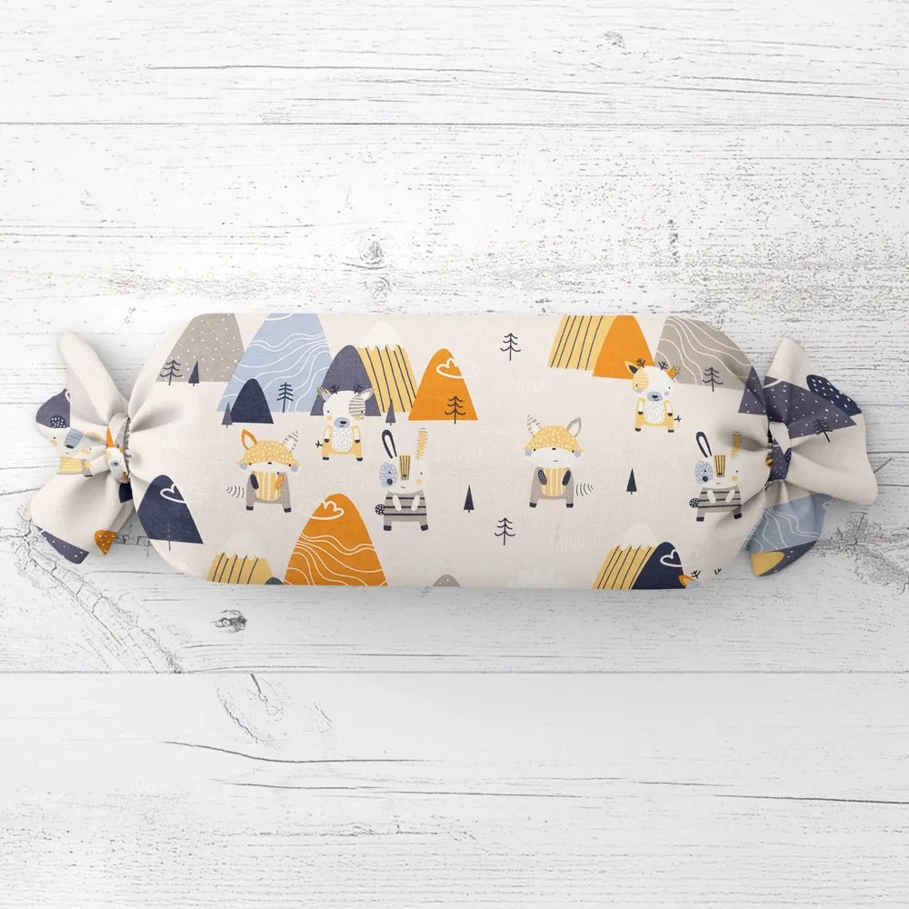 Biante Detský vankúš valec bonbon Sandra SA-613 Modro-oranžové lesné zvieratká na bledo sivom 15x40 cm