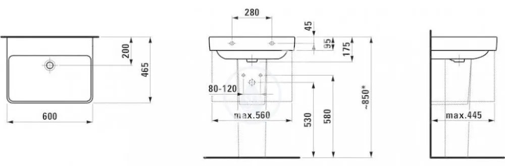 LAUFEN Pro S Umývadlo, 600 mm x 465 mm, bez otvoru na batériu, biela H8169630001091