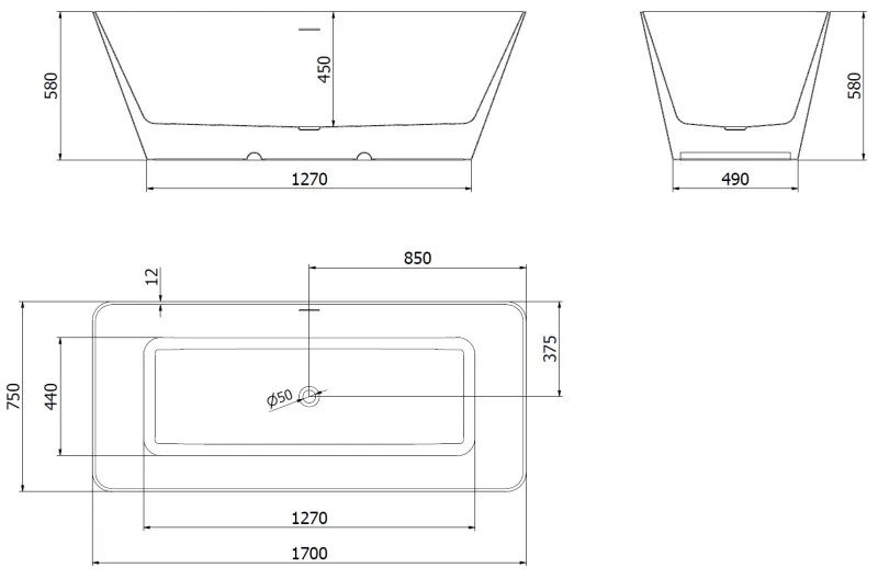 Mexen Velo Slim, voľne stojaca vaňa 170 × 75 cm, biela-čierna, chrómový prepad, 52811707575-01