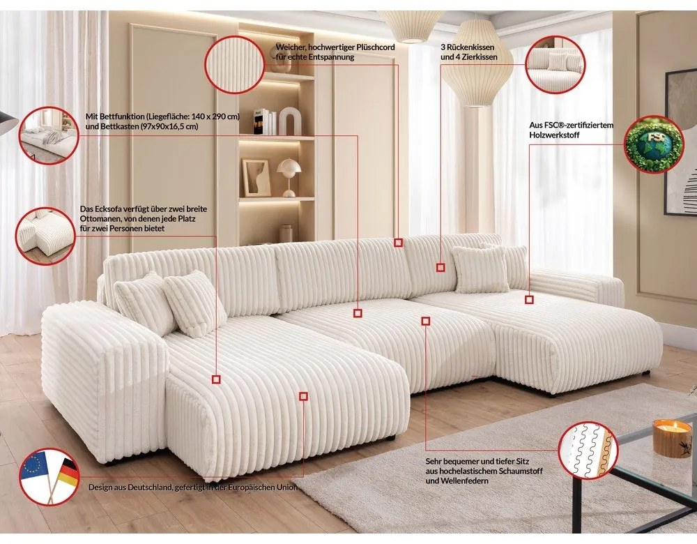 Krémová menčestrová rozkladacia/s úložným priestorom rohová pohovka (do tvaru "U") Sarina – Ropez