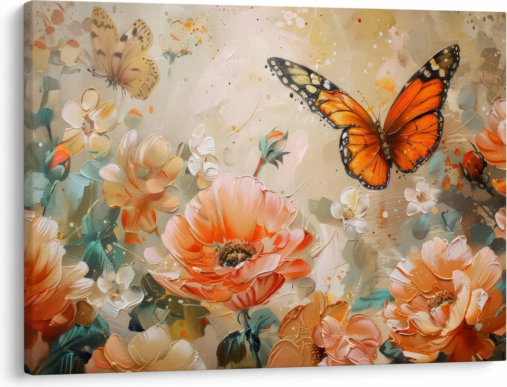 Obraz - Motýľ a kvety, olejomaľba (70x50 cm)