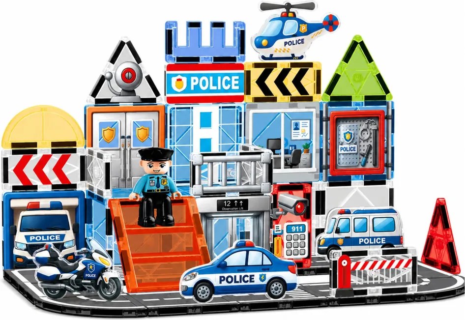 LEAN Toys Magnetické stavebné kocky – Policajná základňa, vozidlá, policajt, 44 dielov