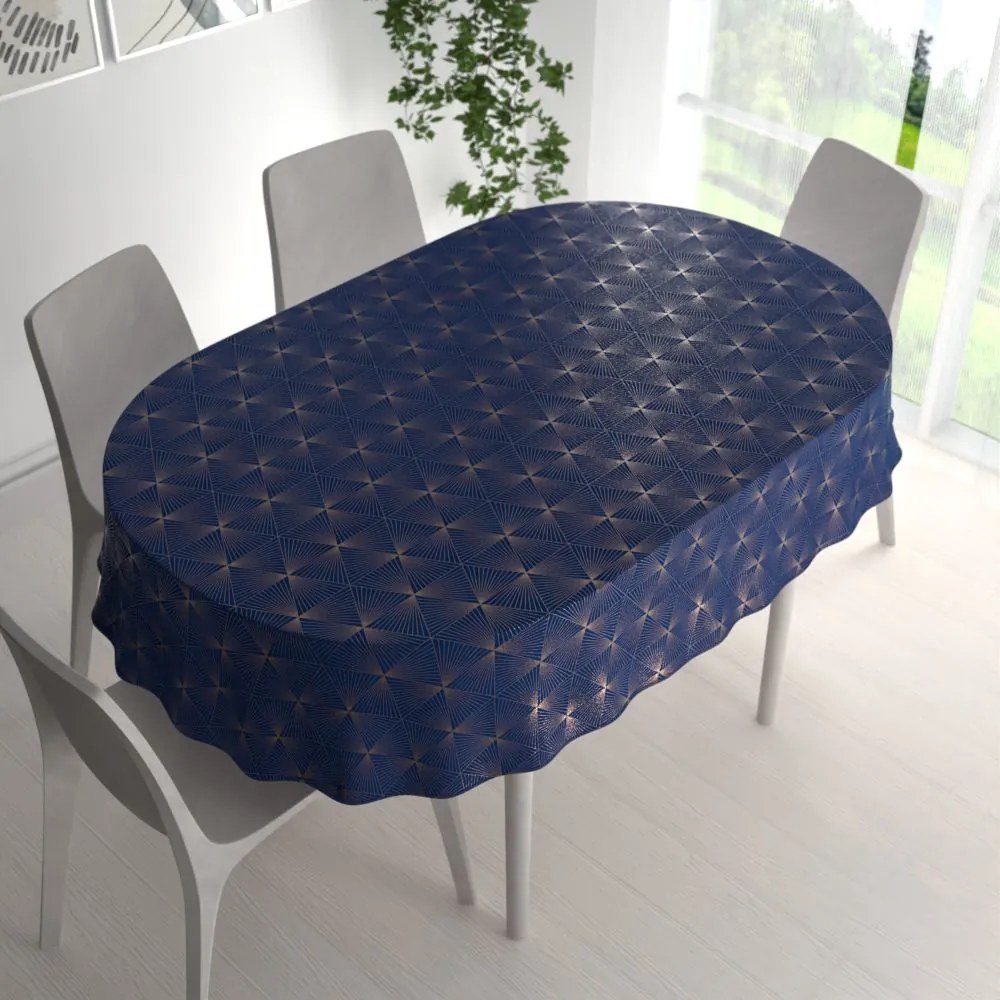 Biante Zamatový oválny obrus Isabela IBL-011 Rose Gold trojuholníky na kráľovsky modrom 60x100 cm