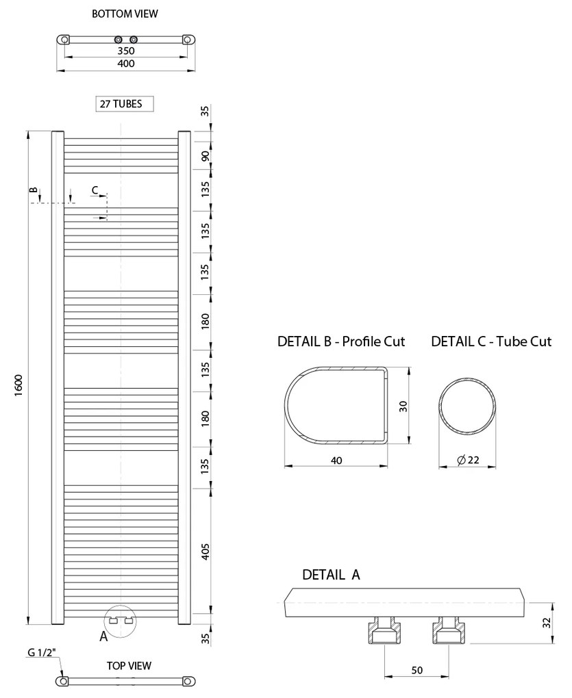 Aqualine Aqualine, ALYA vykurovacie teleso rovné 400x1600mm, stredové pripojenie, chróm, LLS309