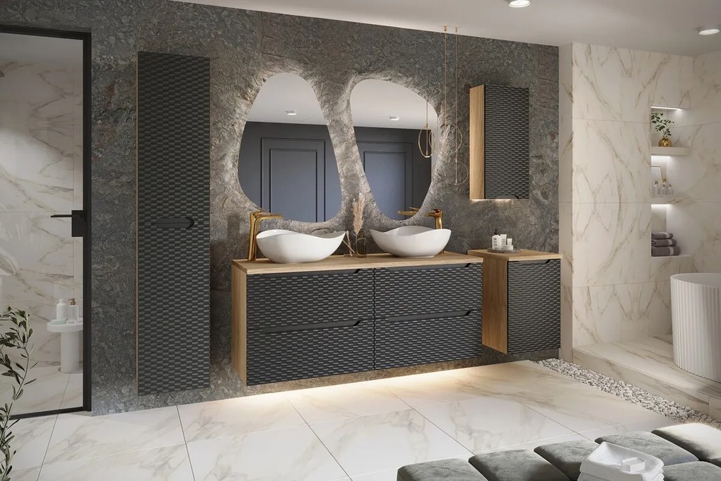 Vysoká závesná kúpeľňová skrinka Ocean 2D dub olejovaný/čierna