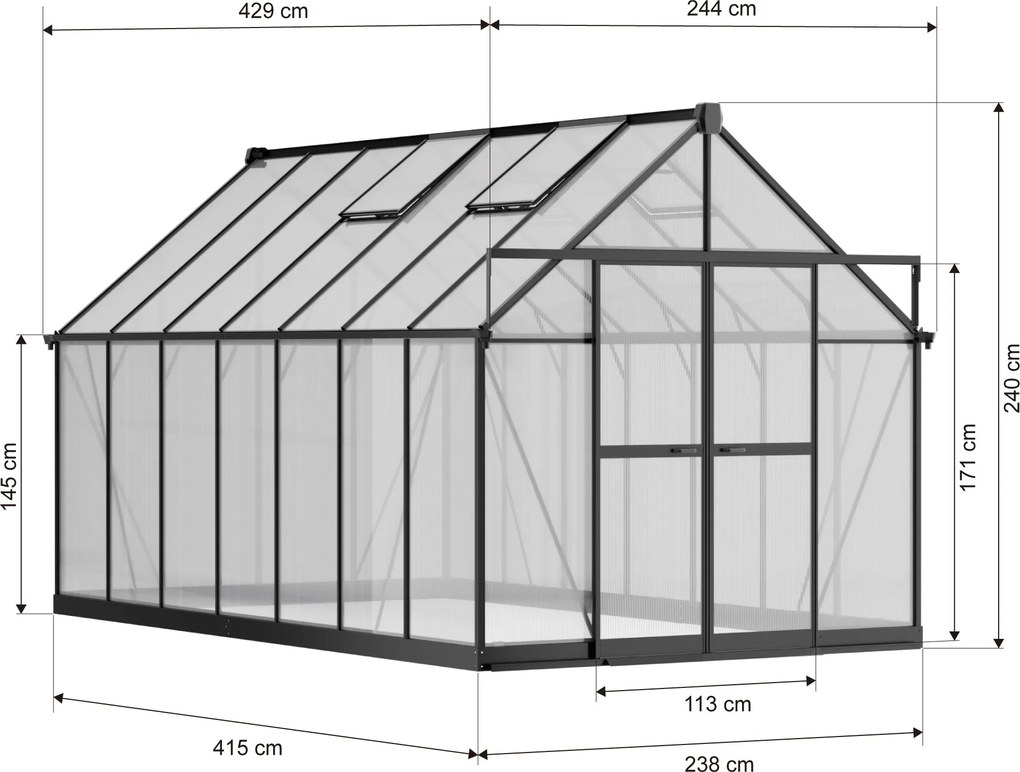 Skleník 240 x 244 x 429 cm, zosilnená konštrukcia, polykarbonát 6 mm