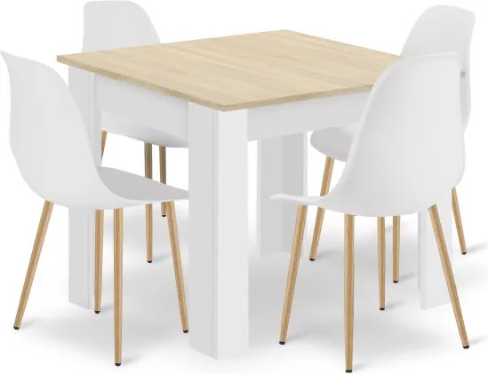 Jedálenský stôl NP biely / dub sonoma so štyrmi stoličkami WAT biele / hnedé