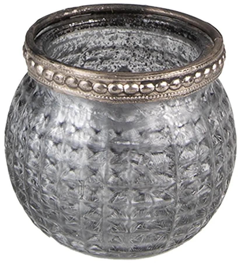 Šedý sklenený svietnik na čajovú sviečku so ozdobným lemom - Ø 6*5 cm