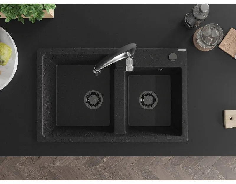 Mexen Tomas, 2-komorový granitový drez 800x500x190 mm a drezová batéria Aster, čierna-strieborná metalíza, 6516-73-73450-07-B