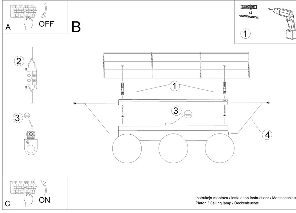 Stropné svietidlo Yoli, 3x biele sklenené tienidlo, w
