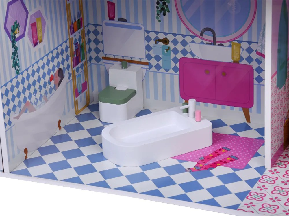 Veľký drevený domček pre bábiky s výťahom, garážou, balkónom a nábytkom – ZA5388