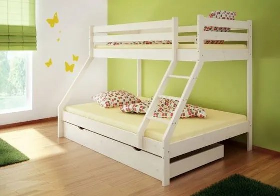 Poschodová posteľ z masívu DENIS vr. oboch roštov - 200x90/140 cm - biela