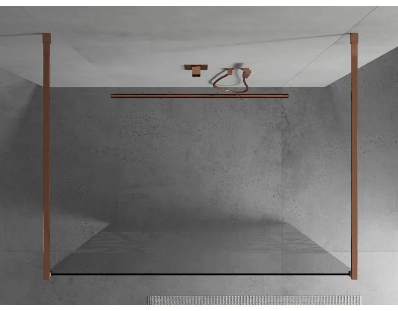 Mexen Kioto, priechodná sprchová zástena 100 x 200 cm, 8mm sklo číre s bielym vzorom, 2x zlatá stabilizačná rozpera, profil ružové zlato, 800-100-002-60-85