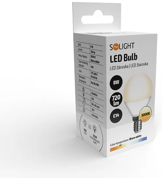SOLIGHT LED žiarovka miniglobe matná G45 8W, E14, 3000K, 720lm