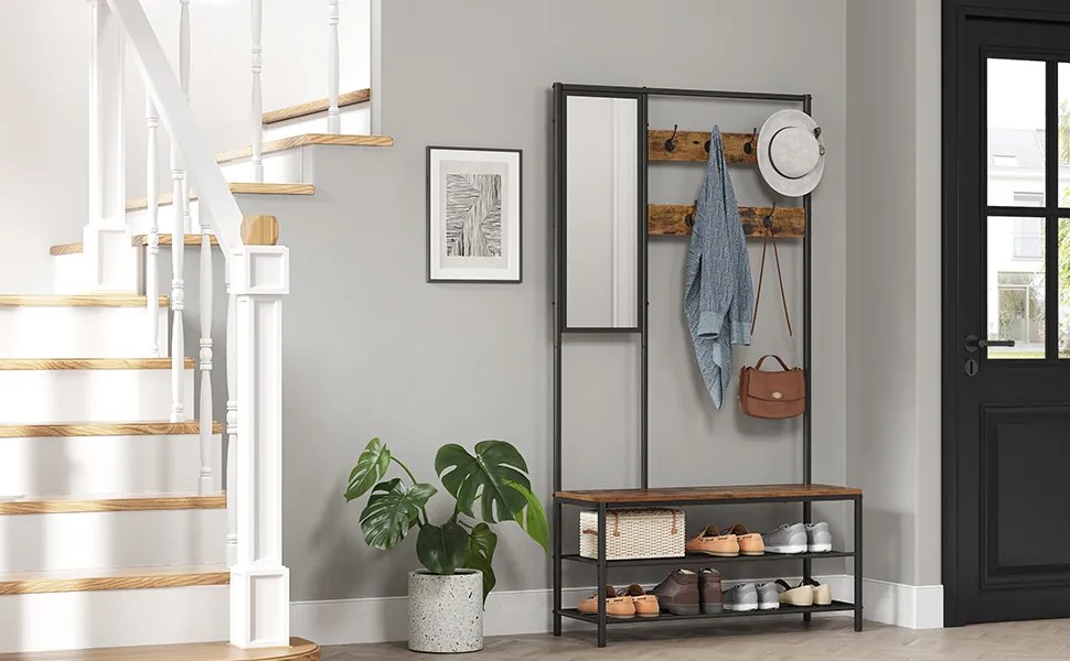 Predsieňový vešiak s botníkom a zrkadlom Vasagle Pagas hnedý/čierny