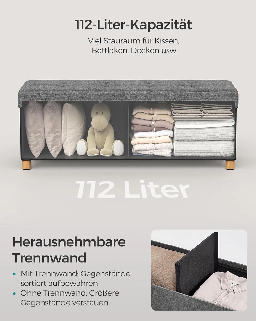 Taburetka s úložným priestorom, Skladacia lavica s nohami, 38 x 110 x 40 cm, sivá