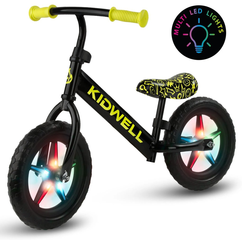 Kidwell Rebel LED balančný bicykel pre deti – LED ráfiky, EVA kolesá 28 cm, bez batérií