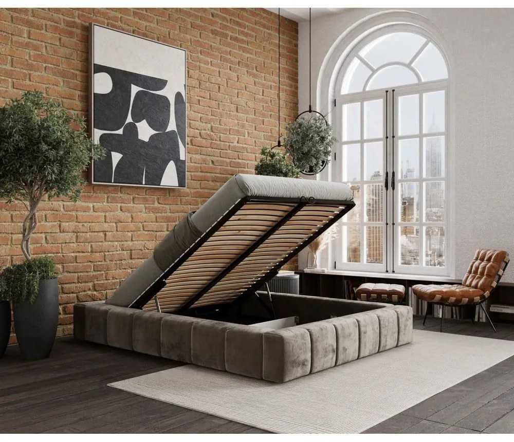 Béžová čalúnená dvojlôžková posteľ s úložným priestorom s roštom 180x200 cm Aruba L – Maison de Rêve