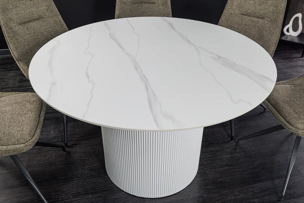 Jedálenský stôl UNIQUE 120 cm okrúhly s bielym rámom, keramickou doskou z bieleho mramoru