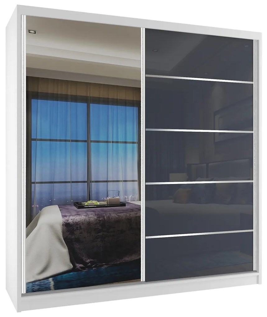 Šatníková skriňa 158 cm Belini biely mat / šedý lesk s posuvnými dverami a zrkadlom  MG SZP3/3/W/WI/1L5S/HI