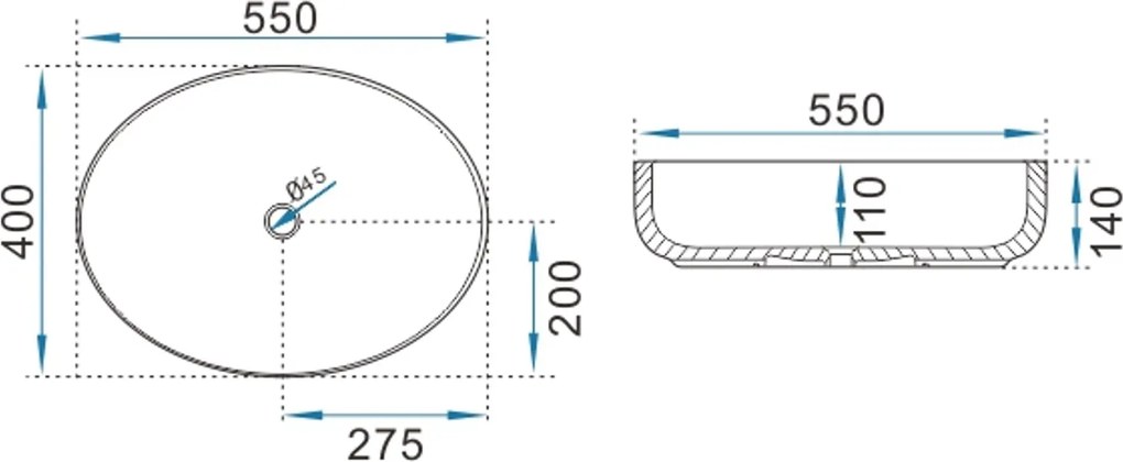 Erga Oval, umývadlo na dosku 550x400x140 mm, biela lesklá, ERG-V03-OVAL55-WH