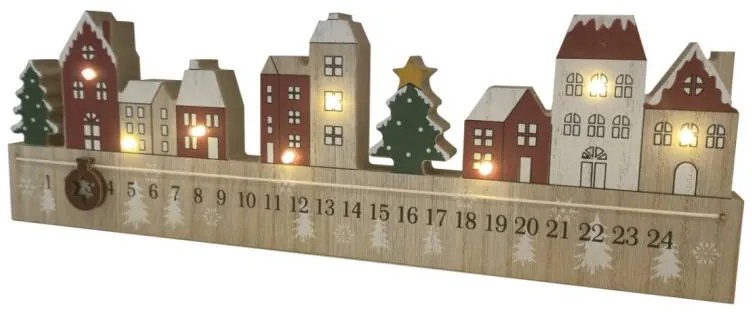 Drevený adventný kalendár LED, 38 × 2,7 × 12 cm, farebný, 2× AAA