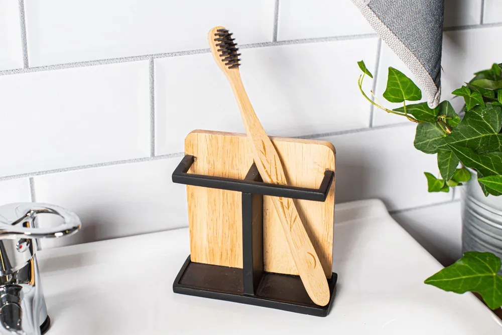 ALTOM Držiak na zubné kefky a pastu, minimalistický stojan drevo+kov