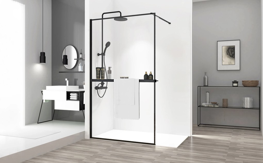 Rea Bler, sprchová zástena typ Walk-In 70x195cm, 8mm číre sklo, čierny profil + polica a vešiak na uteráky EVO, KPL-K7636