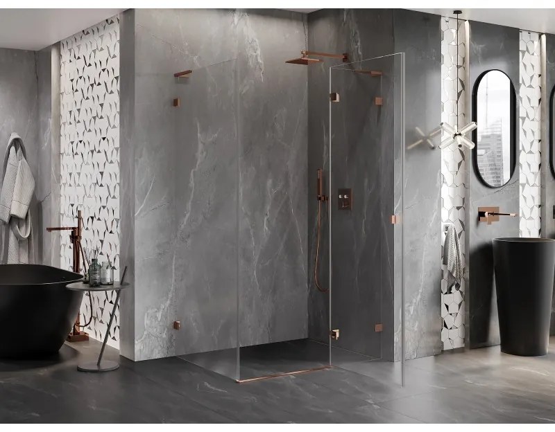 Mexen Lunar, L pravý výklopný sprchový kút 85 x 80 cm, 8mm číre sklo, profil ružové zlato, 834L-085-080-60-00-P