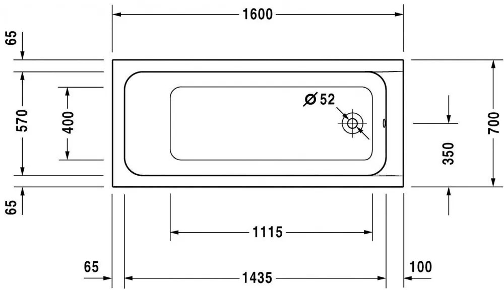 DURAVIT D-Code akrylátová pravouhlá vaňa s odtokom zboku, 1600 x 700 mm, 700096000000000